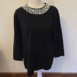 Calvin Klein black 3/4 length sleeve sweater with faux pearl neckline Size L New